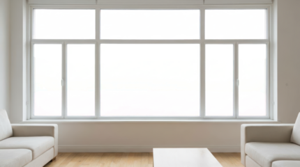 Bright modern living room interior with large panoramic window transparent background, minimalist furniture, neutral colors, soft natural lighting, cozy home atmosphere, contemporary design