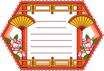 Kids memo note frame with Chinese, Japanese or Korean theme for message sticker, cartoon vector. Japanese fans and Asian decor with flowers for kids memo note or adhesive post and task planner label