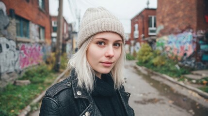Fototapeta premium Young woman in winter gear poses in urban alley with vibrant street art