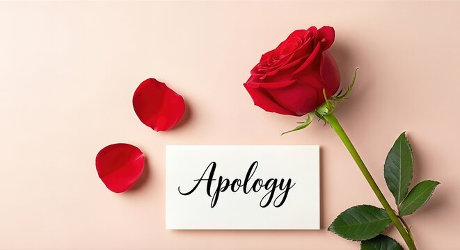 Red rose with petals beside a card displaying the word apology, symbolizing forgiveness and reconciliation, set against a soft pink background, conveying emotional depth and warmth - Powered by Adobe