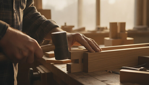 Craftsman assembling wooden furniture with hammer in sunlit workshop interior