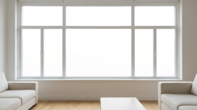 Bright modern living room interior with large panoramic window transparent background, minimalist furniture, neutral colors, soft natural lighting, cozy home atmosphere, contemporary design