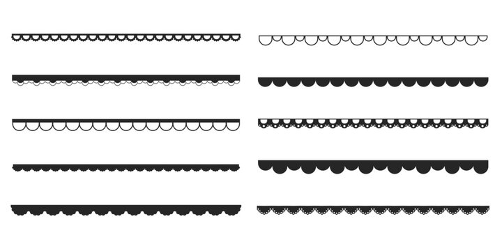 Scalloped edge lace border, textile frill stripe. scalloped border, frame, pattern isolated. Zigzag edge border, cutout decoration line frame collection