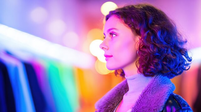 Young woman exploring colorful fashion in a vibrant boutique setting - Powered by Adobe