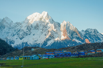 Bhimtang Village Under Snow-Covered Himalayan Mountains. Colorful nature landscapes