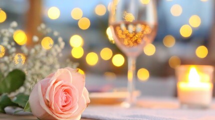 Romantic setting with rose and wine glass under soft lighting at sunset