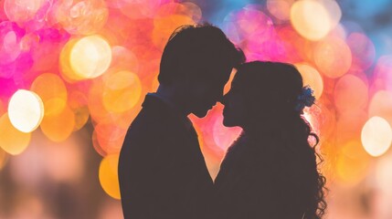 Couple sharing a tender moment under colorful lights at a romantic event