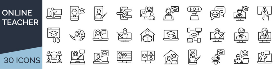 Set of 30 outline icons related to online teacher. Linear icon collection. Editable stroke. Vector illustration