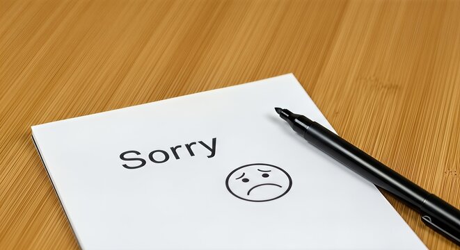Apology note with the word Sorry and a sad face illustration, placed on a wooden surface, conveying emotions of regret and the importance of forgiveness in relationships