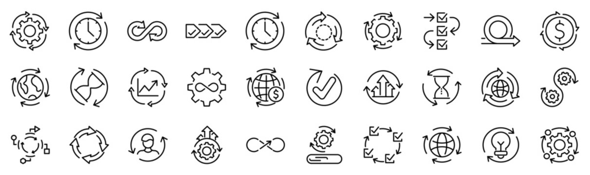 Set of 30 outline icons related to continuity. Linear icon collection. Editable stroke. Vector illustration