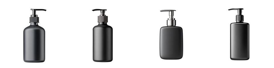 Set of Black Cosmetic Bottles with Pump Dispensers on White Background
