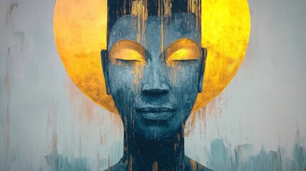 Calm and serene Buddha mural with golden halo in peaceful colors