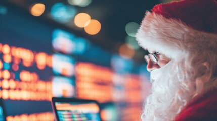 Santa Claus working on a computer with digital screens in the background