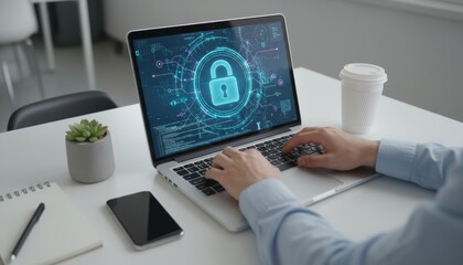 Man's hands typing on a laptop with a glowing blue padlock icon on its screen, representing cybersecurity, data protection, and network privacy in a modern office workspace