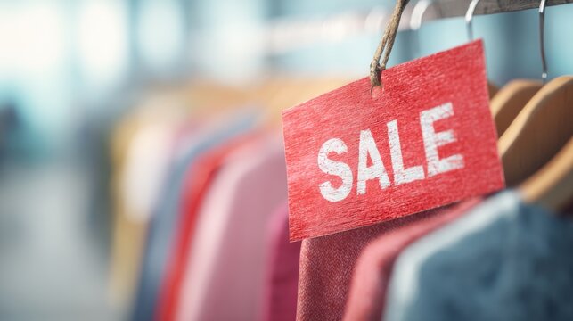 Clothes hang on rack with bright sale sign during store discount event