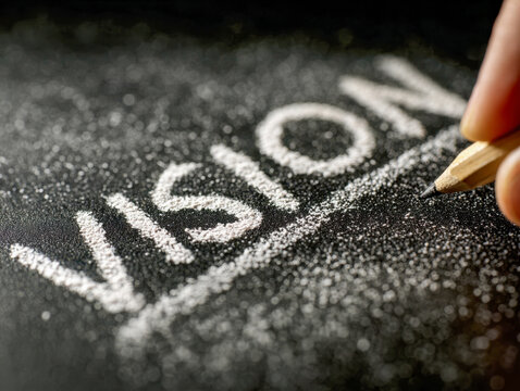 Hand drawing a dotted line under the word vision on a chalkboard symbolizing focus and clarity in goal setting and future planning concepts