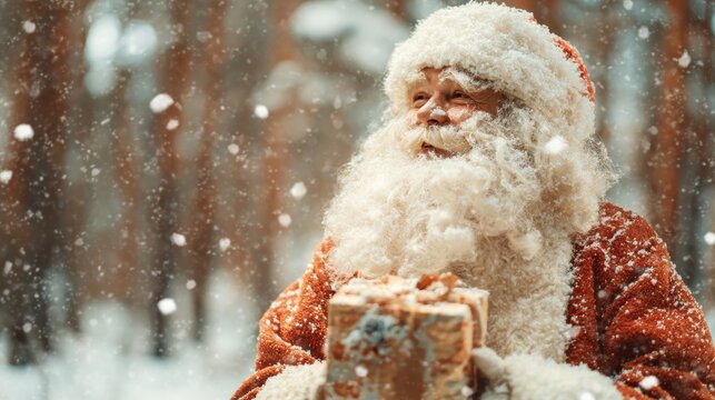 Santa Claus in snowy forest holding a gift during festive winter season