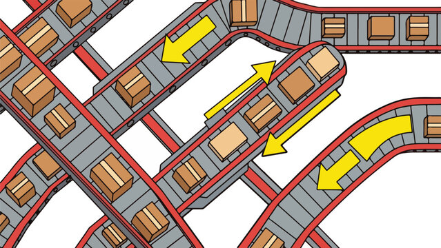 A dynamic wavy red and white abstract background illustration features a complex maze with various paths and yellow arrows.