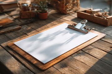 Clipboard with empty paper sheet lying on a weathered wooden table receiving sunlight