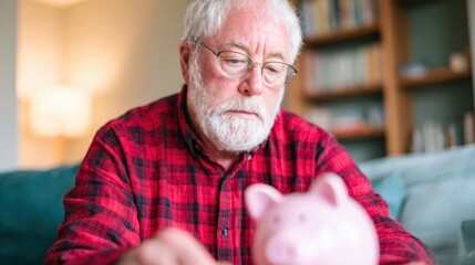 Older man saving money in piggy bank at home while focusing on finances