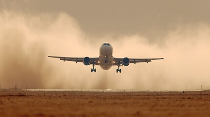 Fototapeta premium Airplane Taking Off Amidst Dust Cloud on Runway.