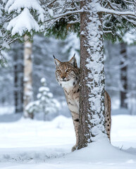 Lynx peeking from behind a snowy tree