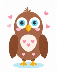 A cute cartoon owl with big blue eyes and a heart pattern, surrounded by pink hearts, exuding a friendly, loving vibe.