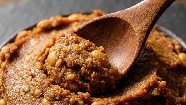 Probiotic fermented foods series brown miso paste texture with wooden spoon macro asian food