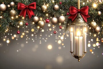christmas lantern with candles and festive garland of fir branches red bows and golden balls on grey background for holiday greeting card and banner design