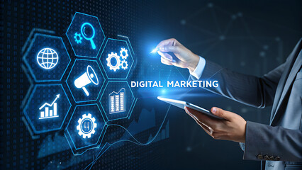 Businessman interacting with a digital marketing interface on a tablet, featuring glowing blue icons for global reach, search, promotion, analytics, and settings in a futuristic dark environment