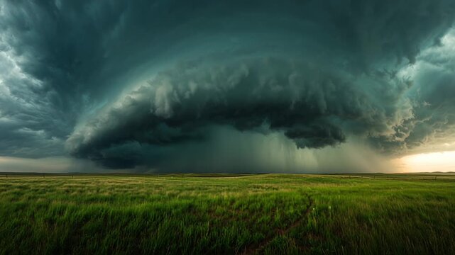 A large supercell thunderstorm over the great plains, with a large wall cloud and dramatic clouds with rain falling, over a green, grassy landscape.