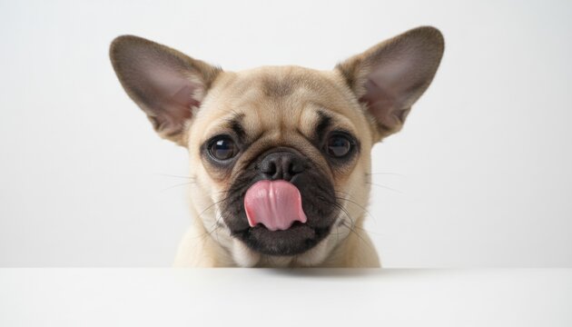 Cute fawn French Bulldog puppy licking its nose with a pink tongue while looking at the camera, peeking over a white table on a clean white background