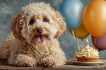 Dog poses next to a birthday cupcake with a lit candle and colorful balloons