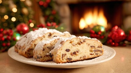Holiday dessert featuring stollen on a festive table with warm fireplace glow