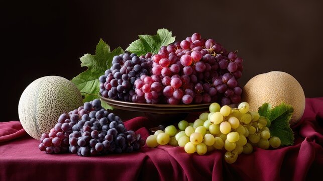 Still life composition featuring various grapes and cantaloupe melons arranged on a table with a dark, moody background. - Powered by Adobe