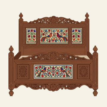 Exquisite Wooden Bed Design with Intricate Carvings and Bird Motifs