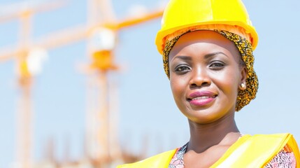 Skilled woman in hard hat at construction site under clear sky
