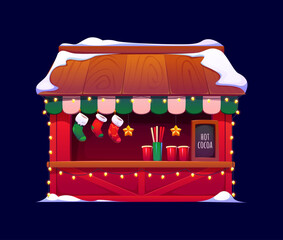 Christmas market stall with cocoa drinks, stockings and glowing lights. Cozy winter fair, street bazaar booth. Cartoon vector holiday market store or shop, decorated for festive celebration at night