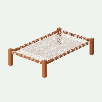 Isometric illustration of a traditional charpai cot with woven rope bed
