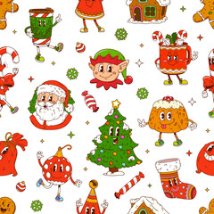 Christmas holiday groovy characters seamless pattern background. Cartoon cute Xmas tree, Santa and elf characters, retro groovy Christmas stocking, coffee cup and cookie personages seamless pattern