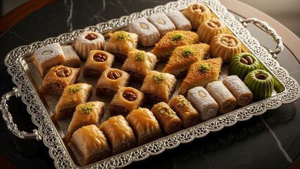 A silver tray filled with assorted traditional pastries and sweets on a table.