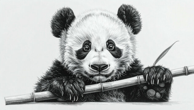 A charming black and white pencil drawing of a baby panda holding a bamboo stick, looking directly at the viewer with a sweet expression.
