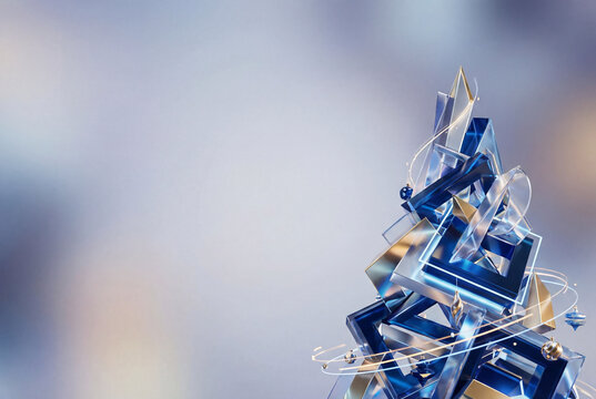 Geometric glass and metal shapes stacked like a modern Christmas tree on soft gradient background, glowing ornaments and light trails create festive abstract holiday decoration for winter design - Powered by Adobe