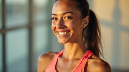 Hermosa mujer deportista en ropa deportiva con una sonrisa genuina