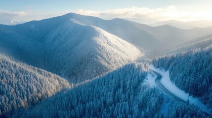Snow-covered mountains with winding road under clear blue sky