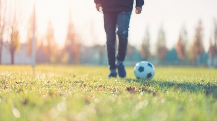 Child enjoys a sunny afternoon playing soccer on the green field