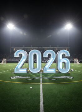 Lacrosse team celebration for year 2026 on the field under bright stadium lights