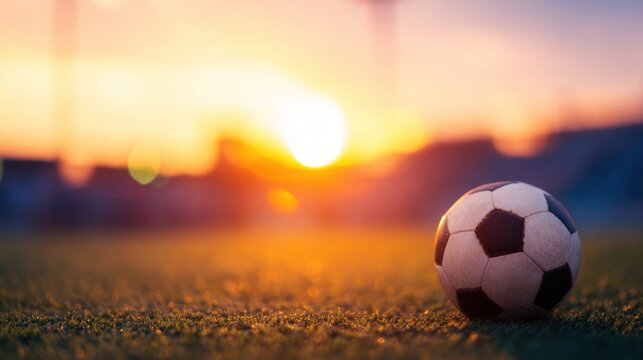 Sunset view of a soccer ball on the field during early evening practice