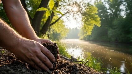 Hands holding soil with a natural landscape and body of water in the background.