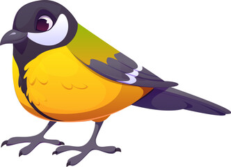 Christmas cartoon goldfinch or finch bird character for Xmas winter holiday, vector personage. Funny yellow goldfinch for Christmas greeting and New Year animal character